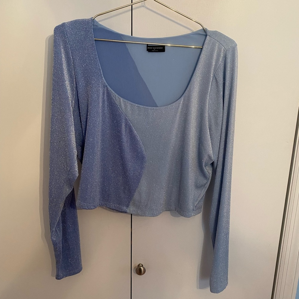 Naked Wardrobe Long Sleeve Wavy Shimmer Crop Top Size 2X